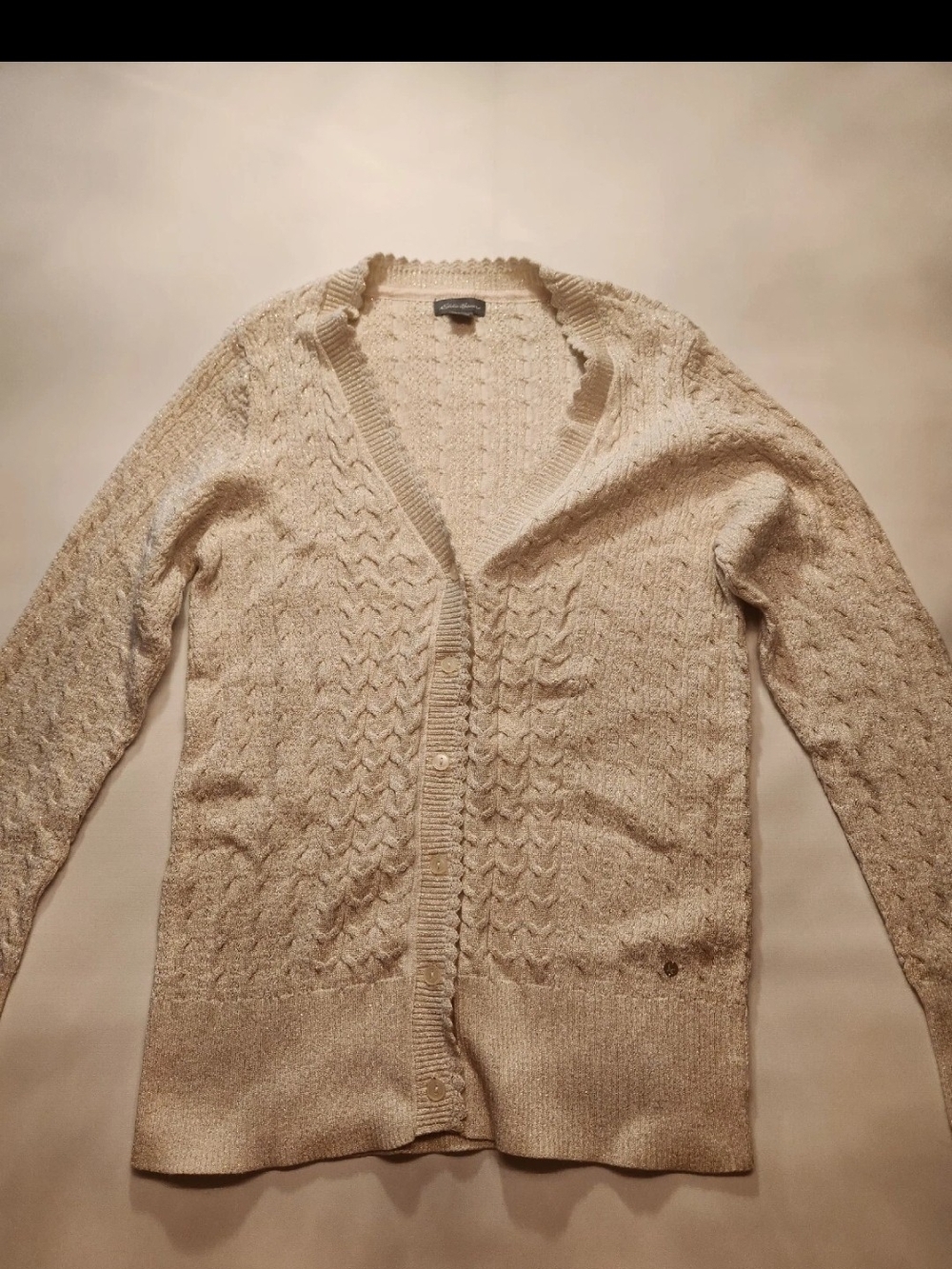 Eddie Bauer Cream Cable Knit V-Neck Cardigan sparkle thread large
